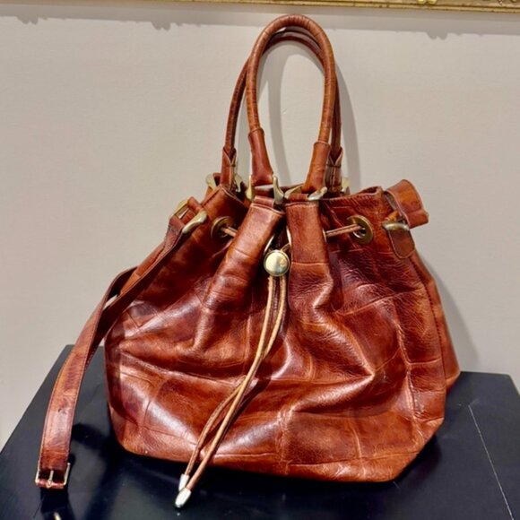 Bally Vintage Embossed Crocodile Chestnut Tan Leather Drawstring Bucket Handbag - Picture 5 of 16